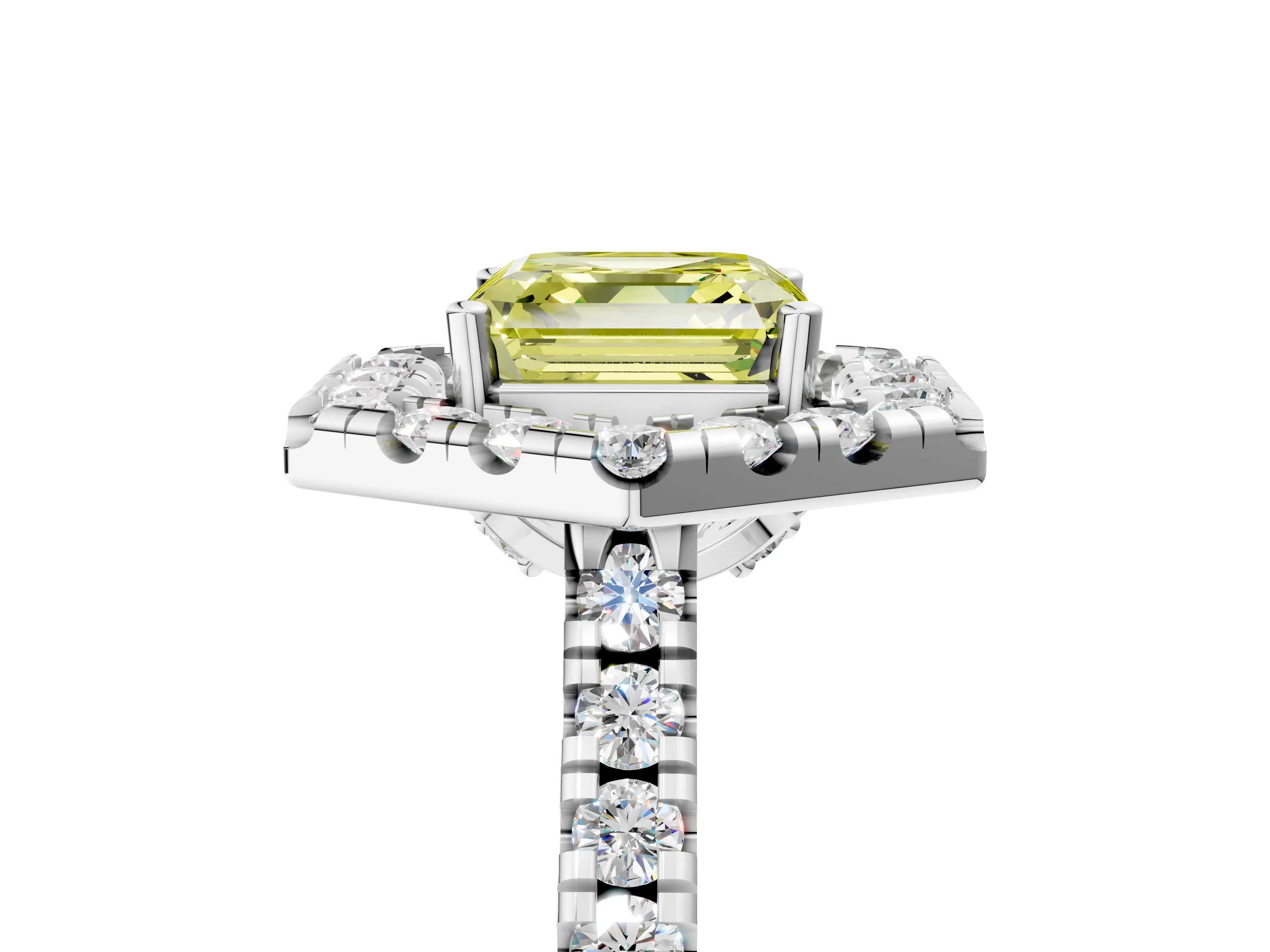Platinum Hexagonal Halo Fancy Yellow Asscher Cut Diamond Pavé Band with Four-Prong Setting_17