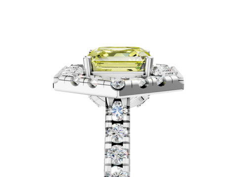 Platinum Hexagonal Halo Fancy Yellow Asscher Cut Diamond Pavé Band with Four-Prong Setting_17