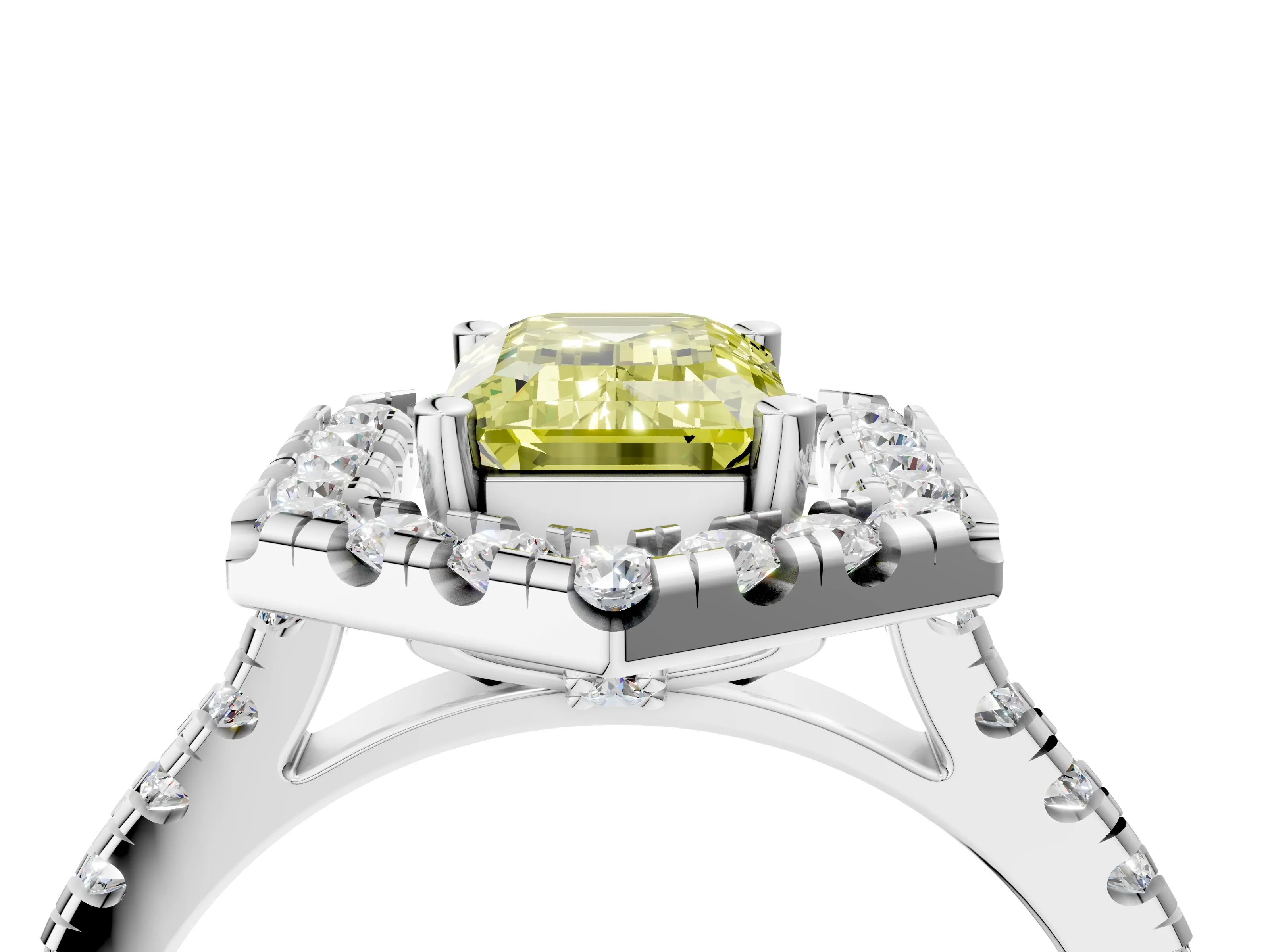 Platinum Hexagonal Halo Fancy Yellow Emerald Cut Diamond Pavé Band with Four-Prong Setting_10