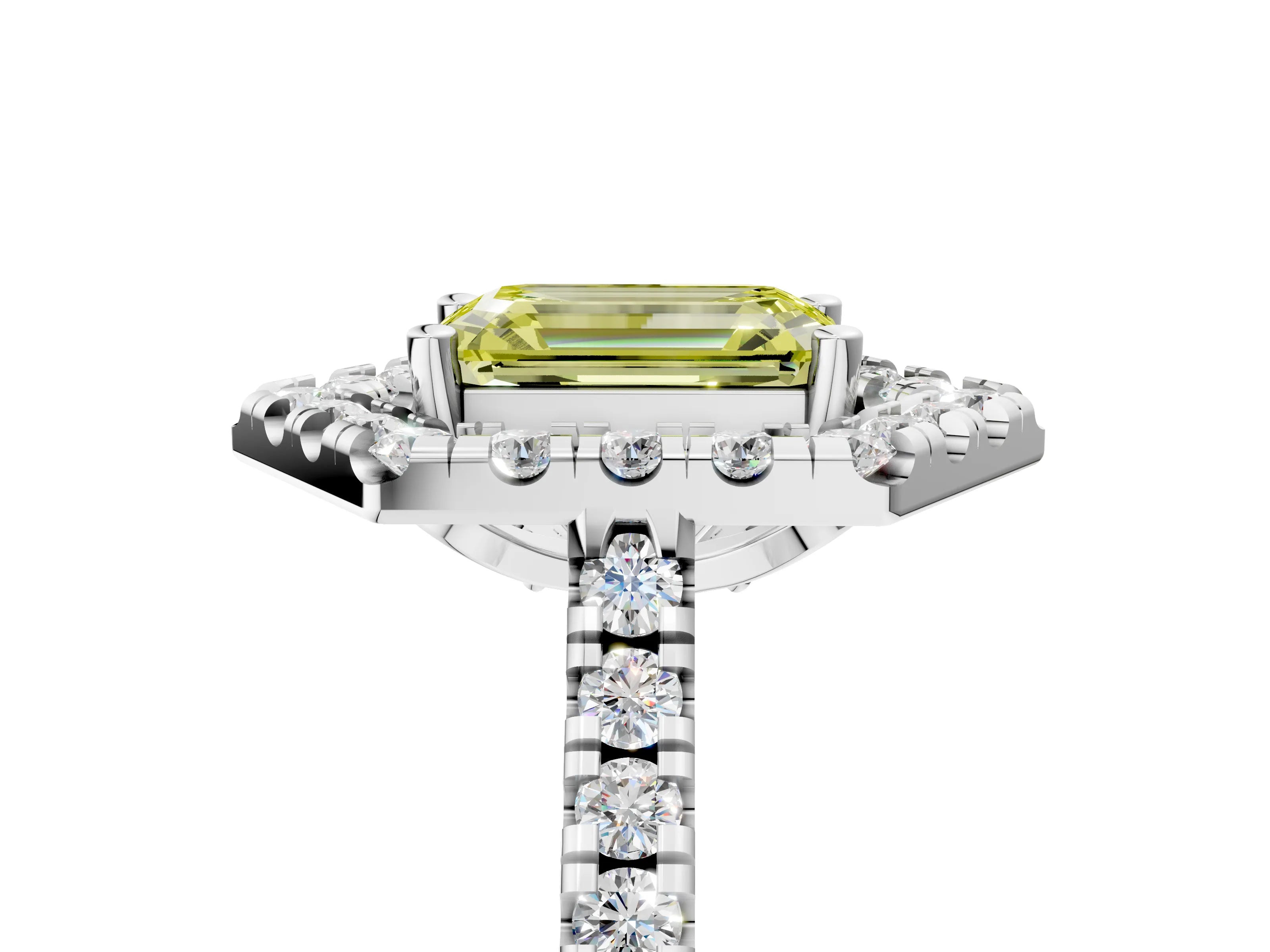 Platinum Hexagonal Halo Fancy Yellow Emerald Cut Diamond Pavé Band with Four-Prong Setting_11