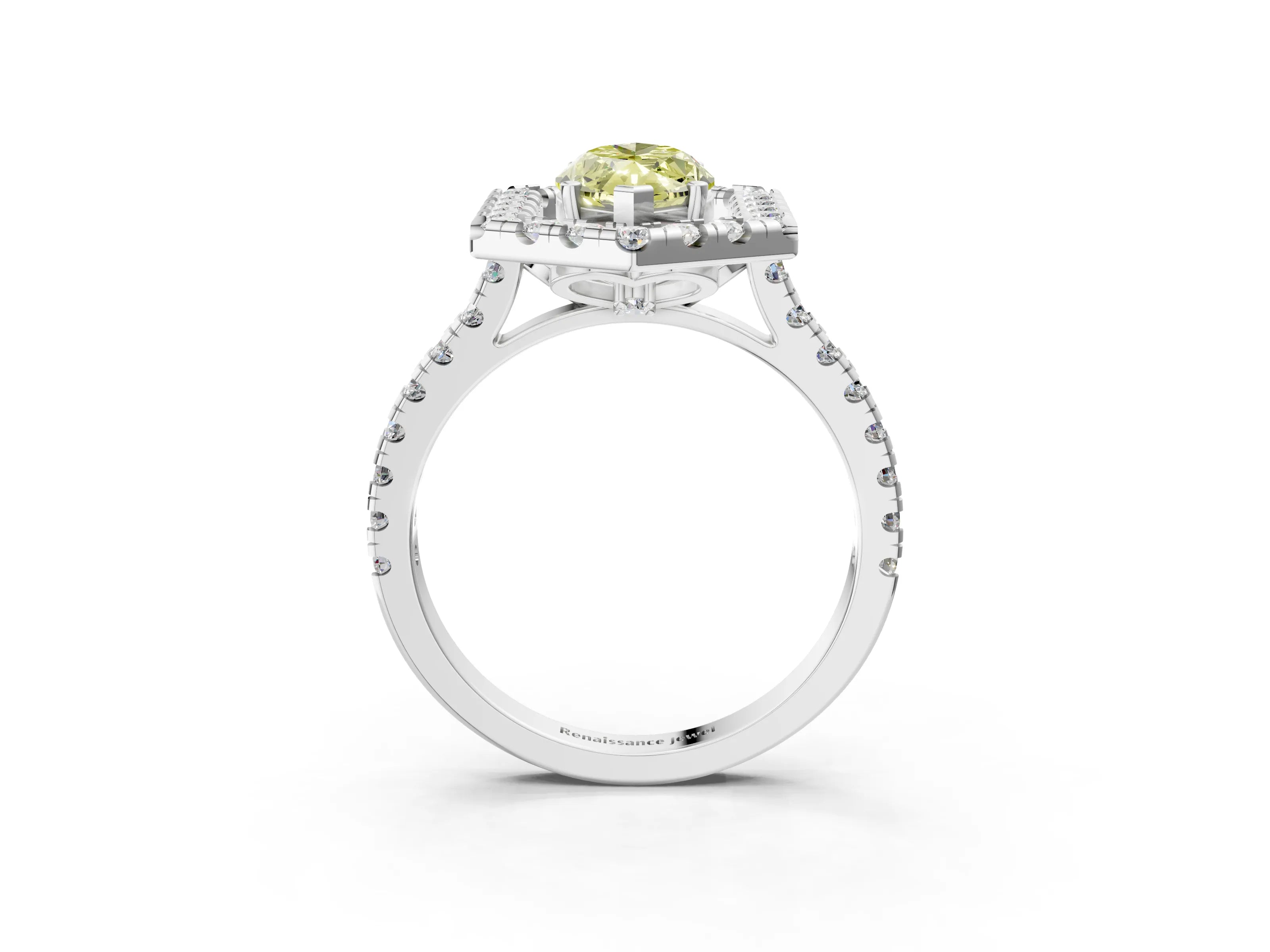 Platinum Hexagonal Halo Fancy Yellow Marquise Cut Diamond Pavé Band with Four-Prong Setting_15