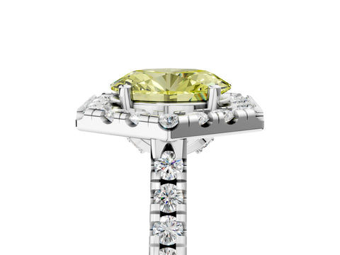 Platinum Hexagonal Halo Fancy Yellow Oval Cut Diamond Pavé Band with Four-Prong Setting_17