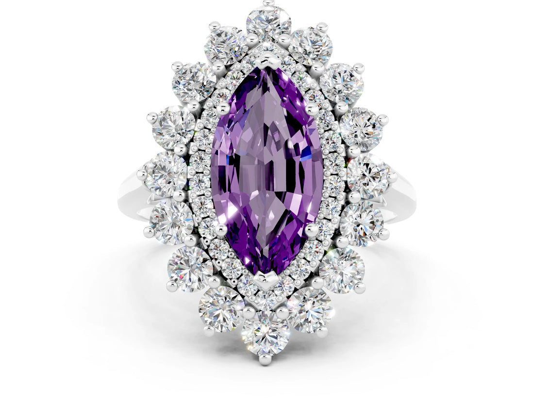 Platinum Marquise Cut Amethyst Floral Double Halo Engagement Ring with Prong Setting_169