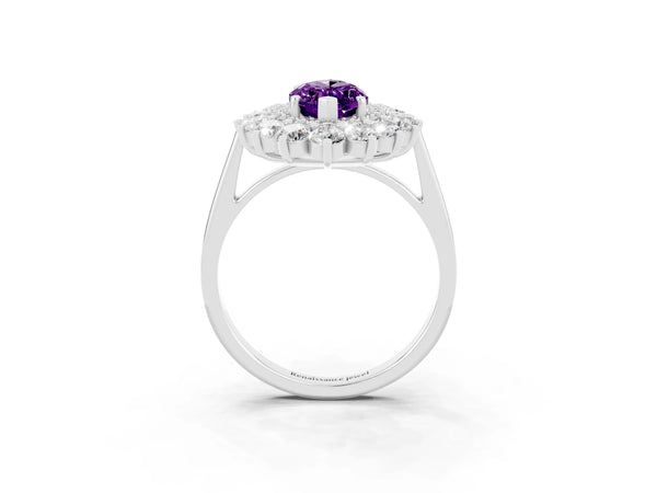 Platinum Marquise Cut Amethyst Floral Double Halo Engagement Ring with Prong Setting