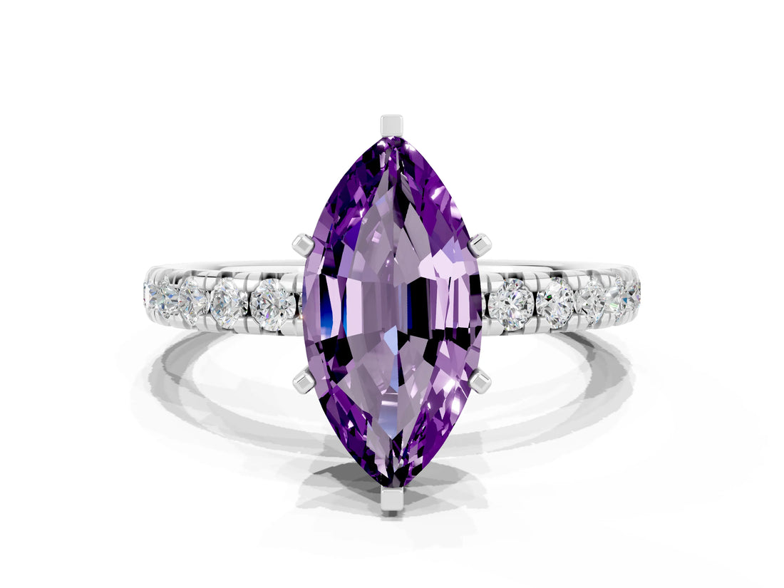 Platinum Marquise Cut Amethyst Pavé Solitaire Ring with Round Band and Prong Setting_42