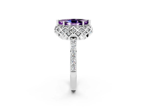 Platinum Marquise Cut Amethyst Scalloped Halo Engagement Ring with Round Shared Prong Band