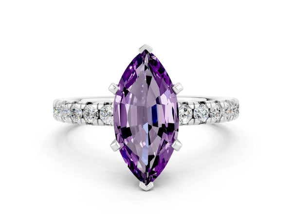 Platinum Marquise Cut Amethyst Solitaire Pavé Engagement Ring with Round Band and Prong Setting