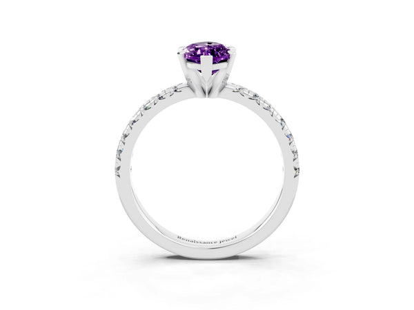 Platinum Marquise Cut Amethyst Solitaire Pavé Engagement Ring with Round Band and Prong Setting