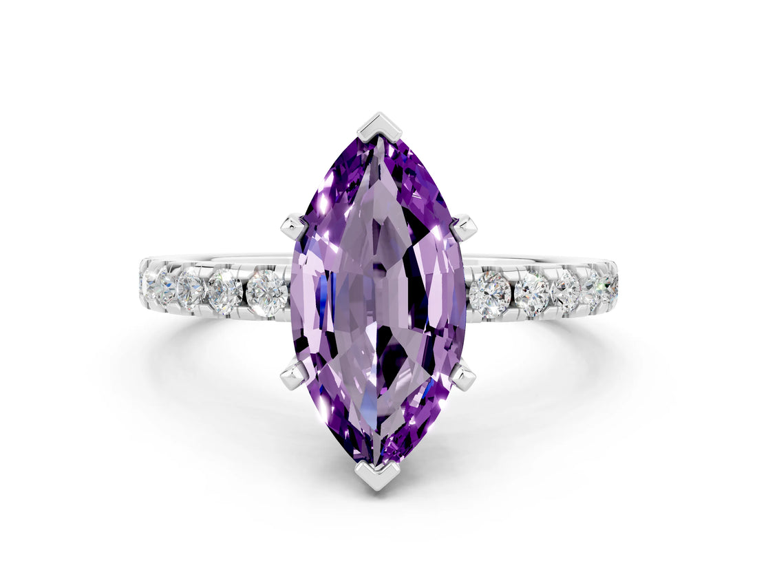 Platinum Marquise Cut Amethyst Solitaire Ring with Round  Pavé Band and Four-Prong Setting_24