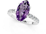 Platinum Marquise Cut Amethyst Solitaire Ring with Round  Pavé Band and Four-Prong Setting_25