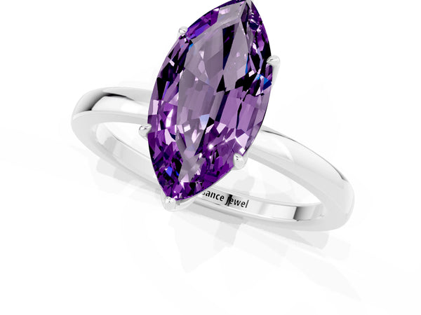 Platinum Marquise Cut Amethyst Solitaire Ring with Thin Band and Prong Setting