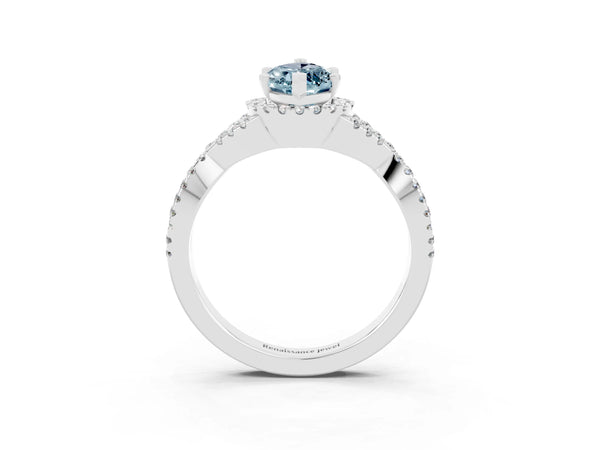 Platinum Marquise Cut Aquamarine  Halo Twist Band Solitaire Prong Setting Ring