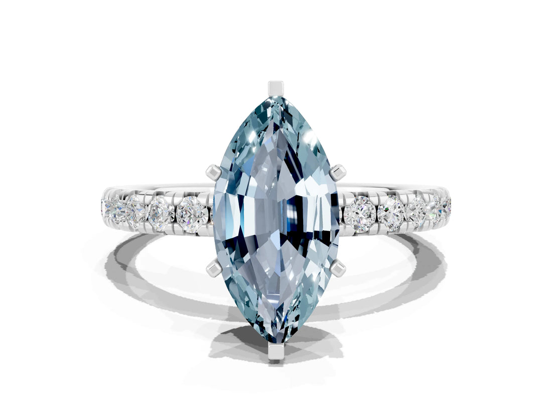 Platinum Marquise Cut Aquamarine Pavé Solitaire Ring with Round Band and Prong Setting_42