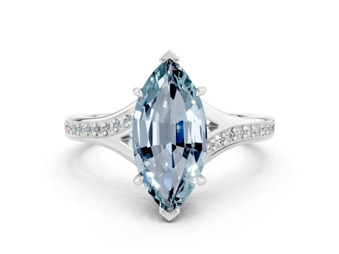 Platinum Marquise Cut Aquamarine Solitaire Ring with Pavé Band and Prong Setting_12