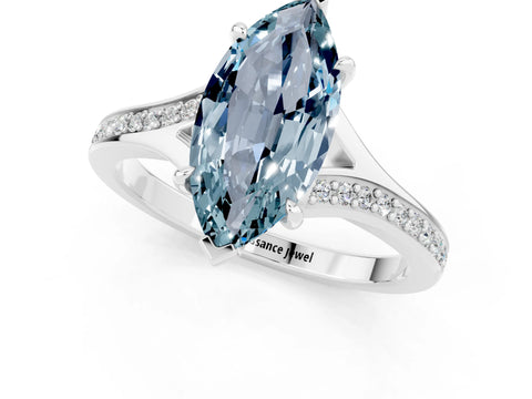Platinum Marquise Cut Aquamarine Solitaire Ring with Pavé Band and Prong Setting_13
