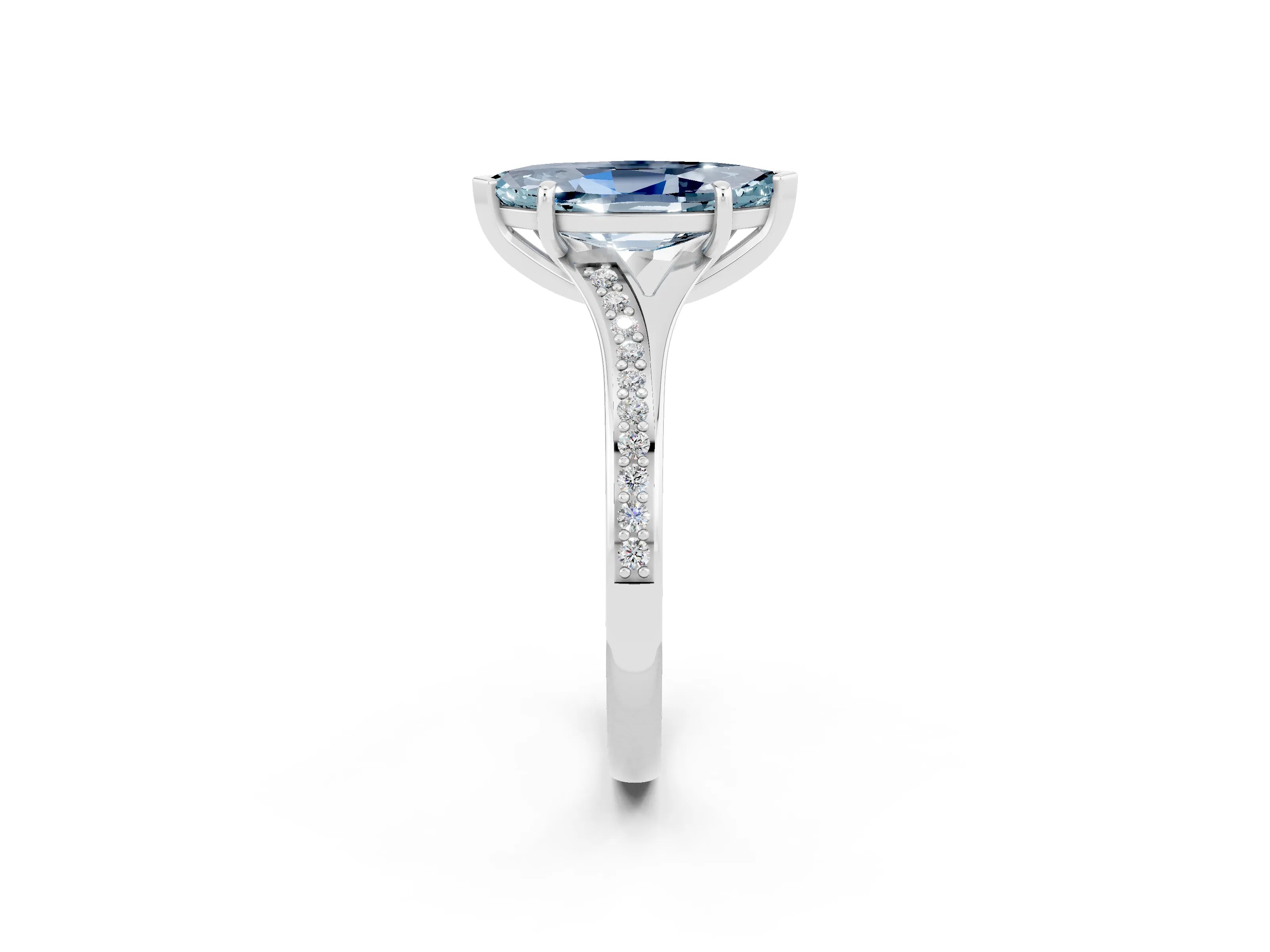 Platinum Marquise Cut Aquamarine Solitaire Ring with Pavé Band and Prong Setting_14