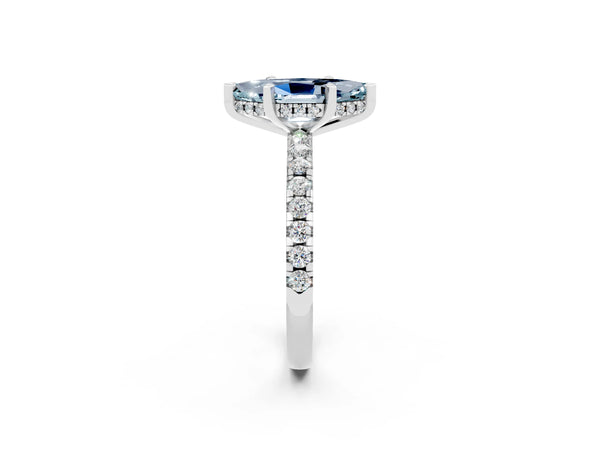 Platinum Marquise Cut Aquamarine Solitaire Ring with Round Pavé Band and Four-Prong Setting
