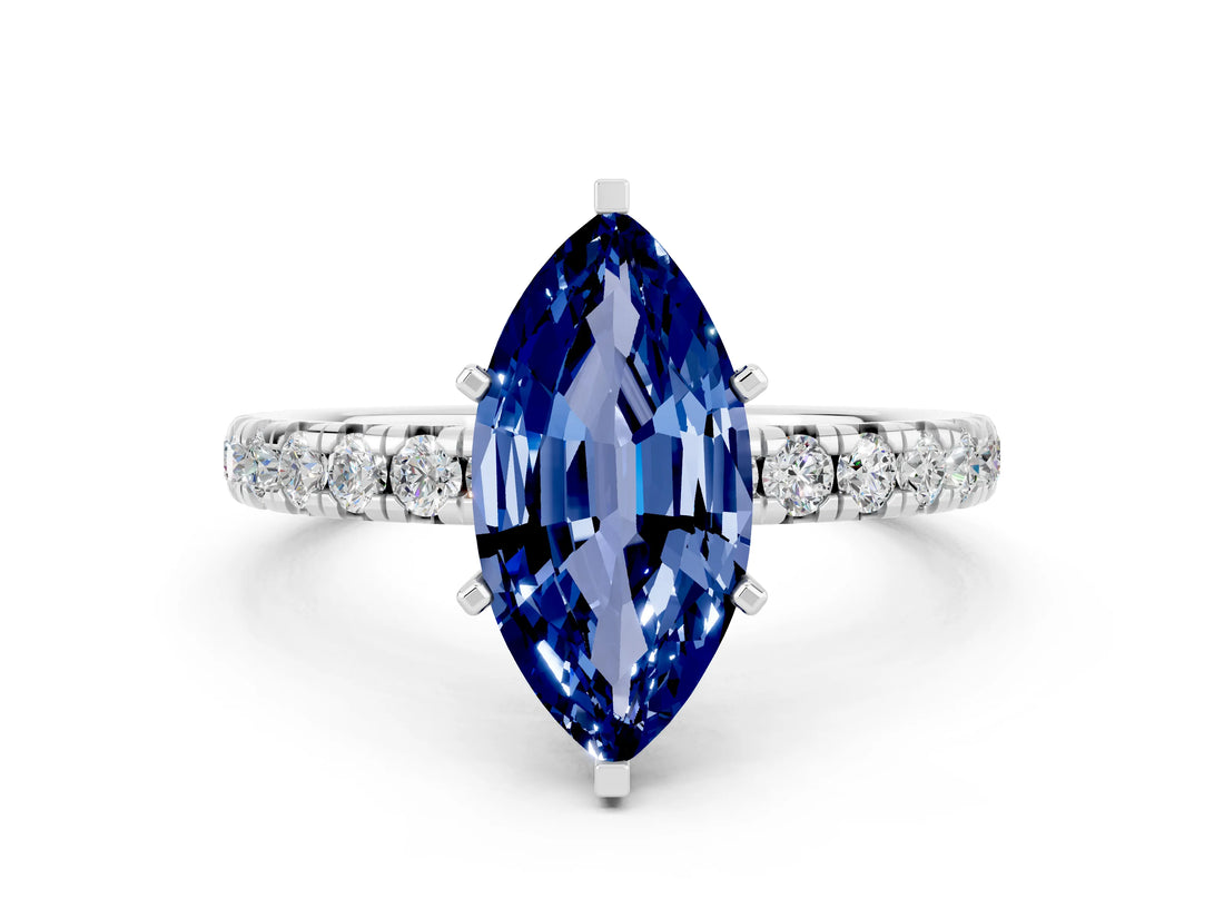 Platinum Marquise Cut Blue Sapphire Pavé Solitaire Ring with Round Band and Prong Setting_42