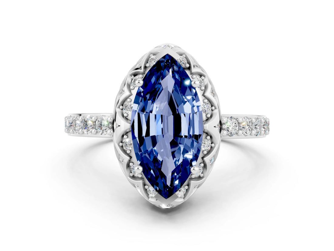 Platinum Marquise Cut Blue Sapphire Scalloped Halo Engagement Ring with Round Shared Prong Band_36