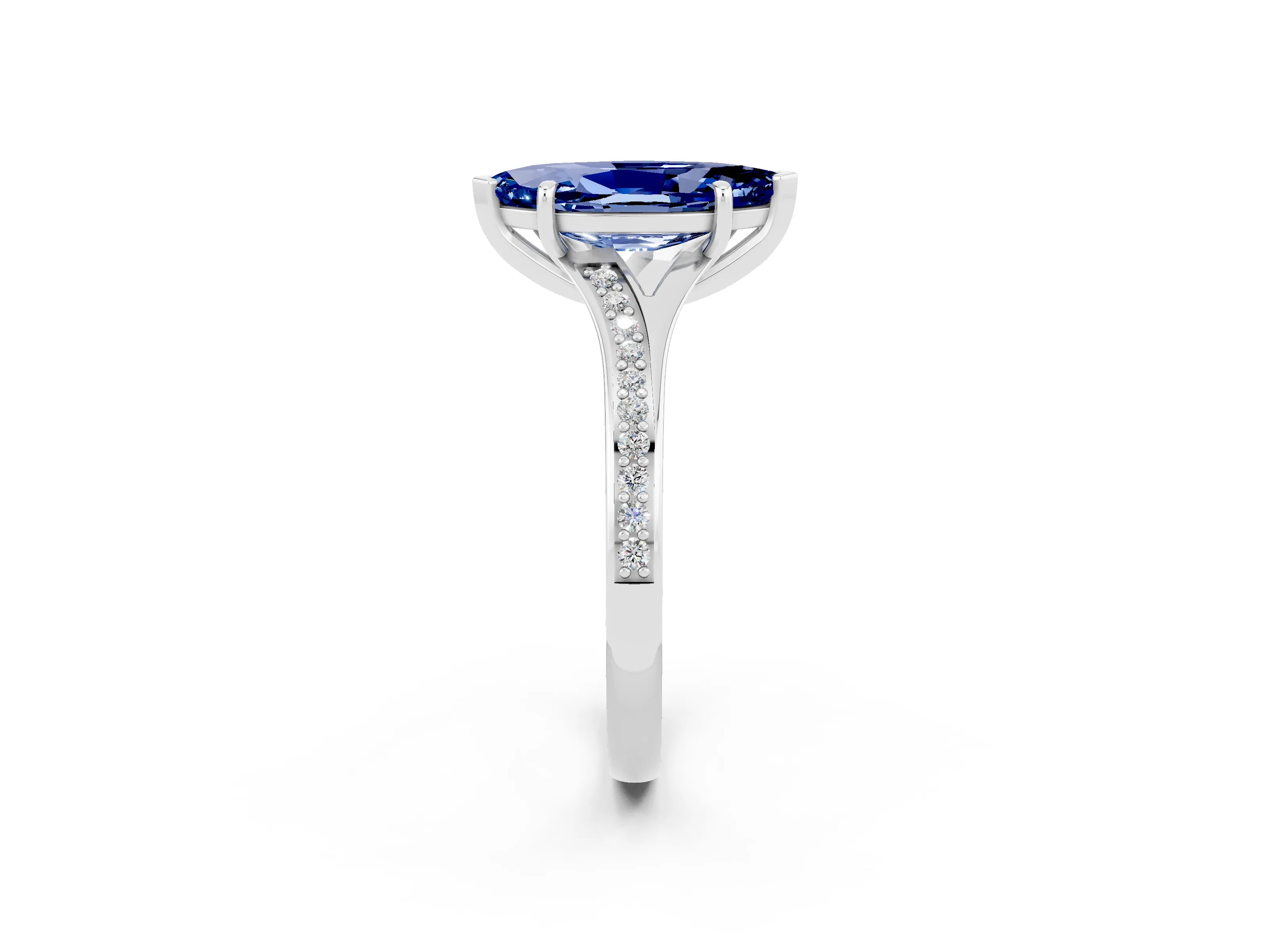 Platinum Marquise Cut Blue Sapphire Solitaire Ring with Pavé Band and Prong Setting_14