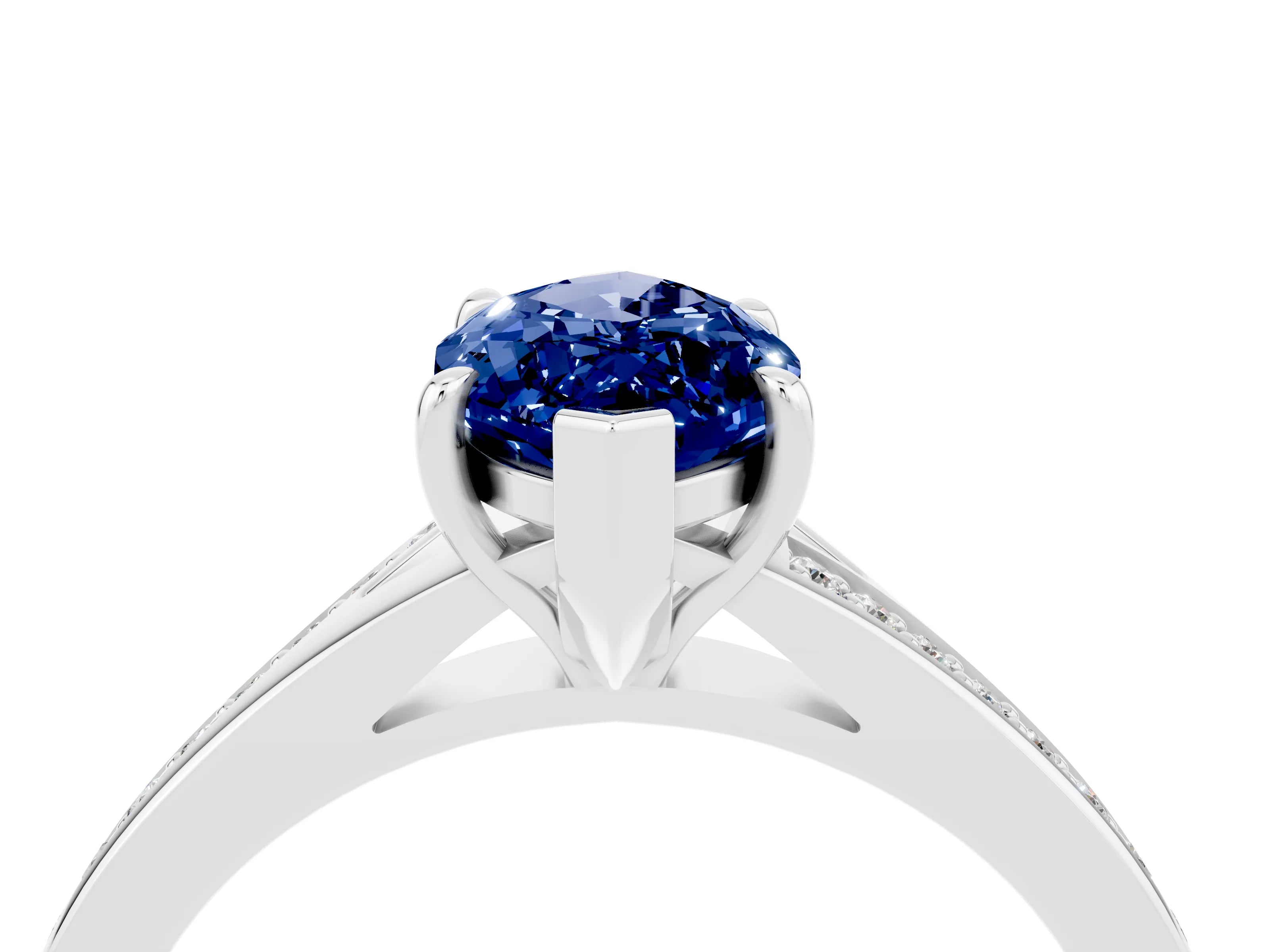 Platinum Marquise Cut Blue Sapphire Solitaire Ring with Pavé Band and Prong Setting_16