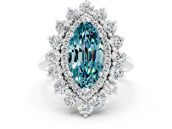 Platinum Marquise Cut Blue Topaz Floral Double Halo Engagement Ring with Prong Setting