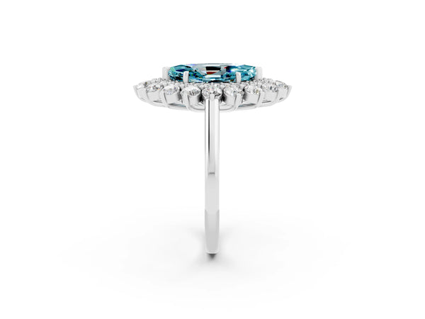 Platinum Marquise Cut Blue Topaz Floral Double Halo Engagement Ring with Prong Setting