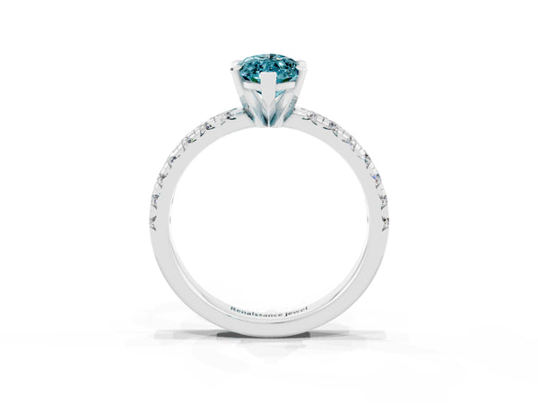 Platinum Marquise Cut Blue Topaz Solitaire Pavé Engagement Ring with Round Band and Prong Setting