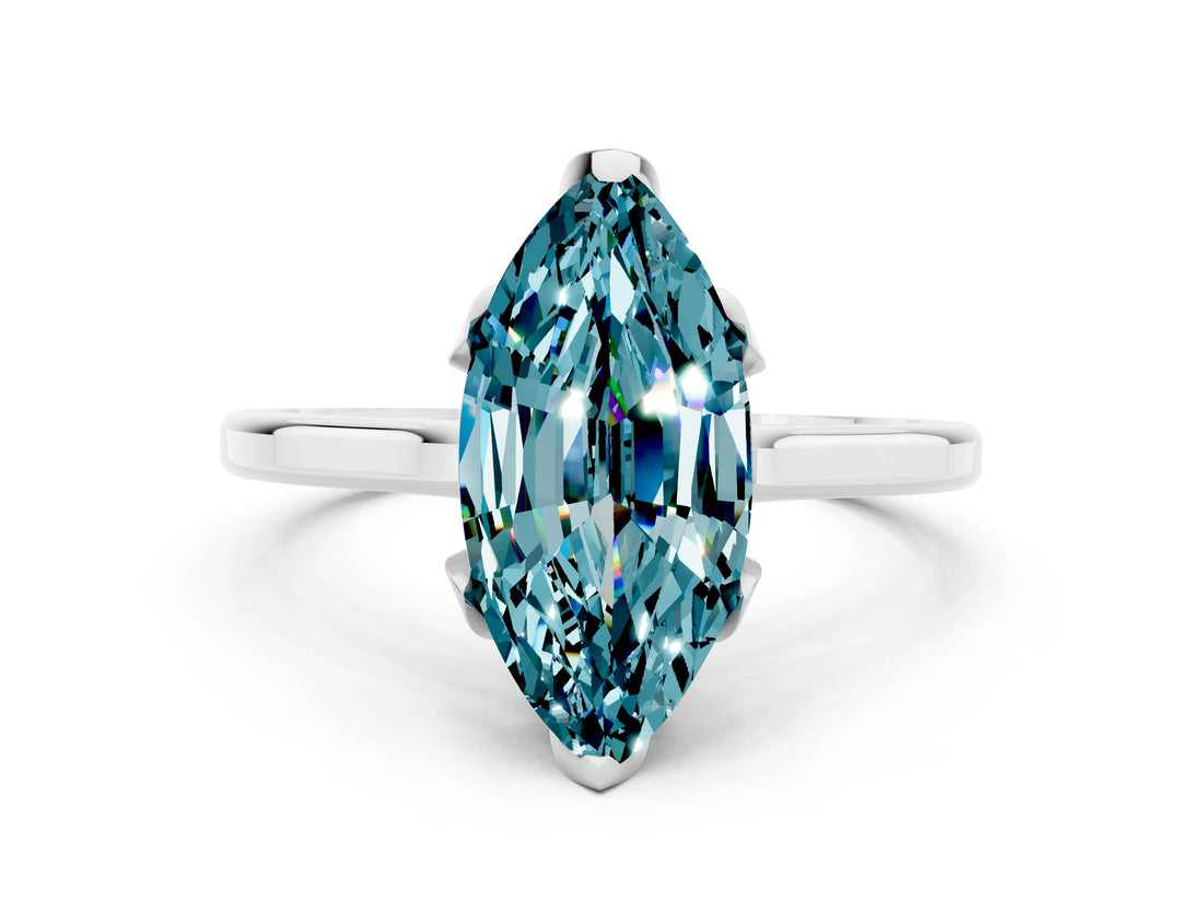 Platinum Marquise Cut Blue Topaz Solitaire Ring with Flower Prong Setting and Classic Band