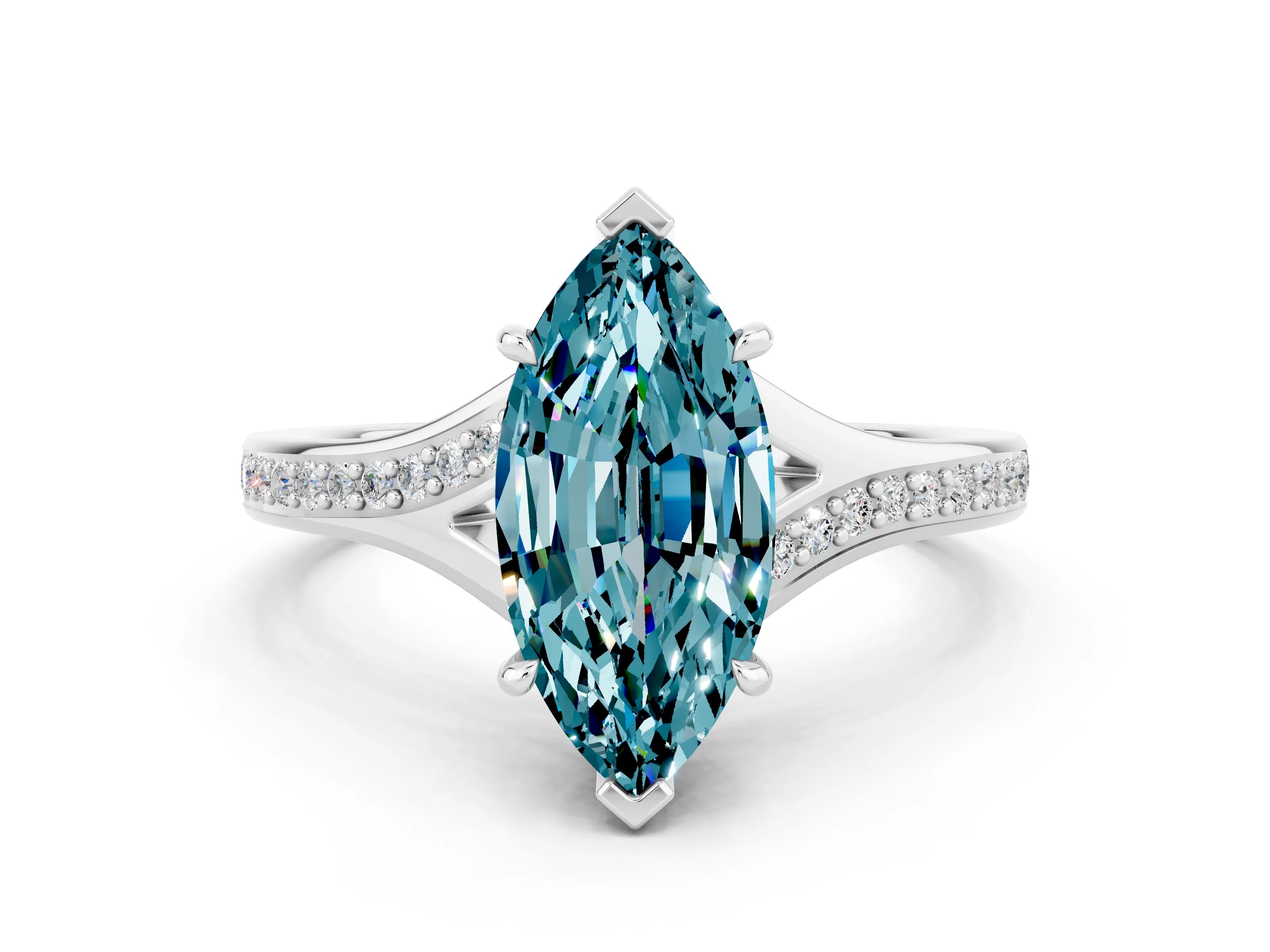 Platinum Marquise Cut Blue Topaz Solitaire Ring with Pavé Band and Prong Setting_12
