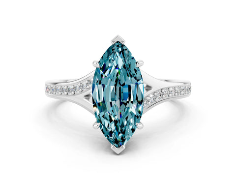 Platinum Marquise Cut Blue Topaz Solitaire Ring with Pavé Band and Prong Setting_12