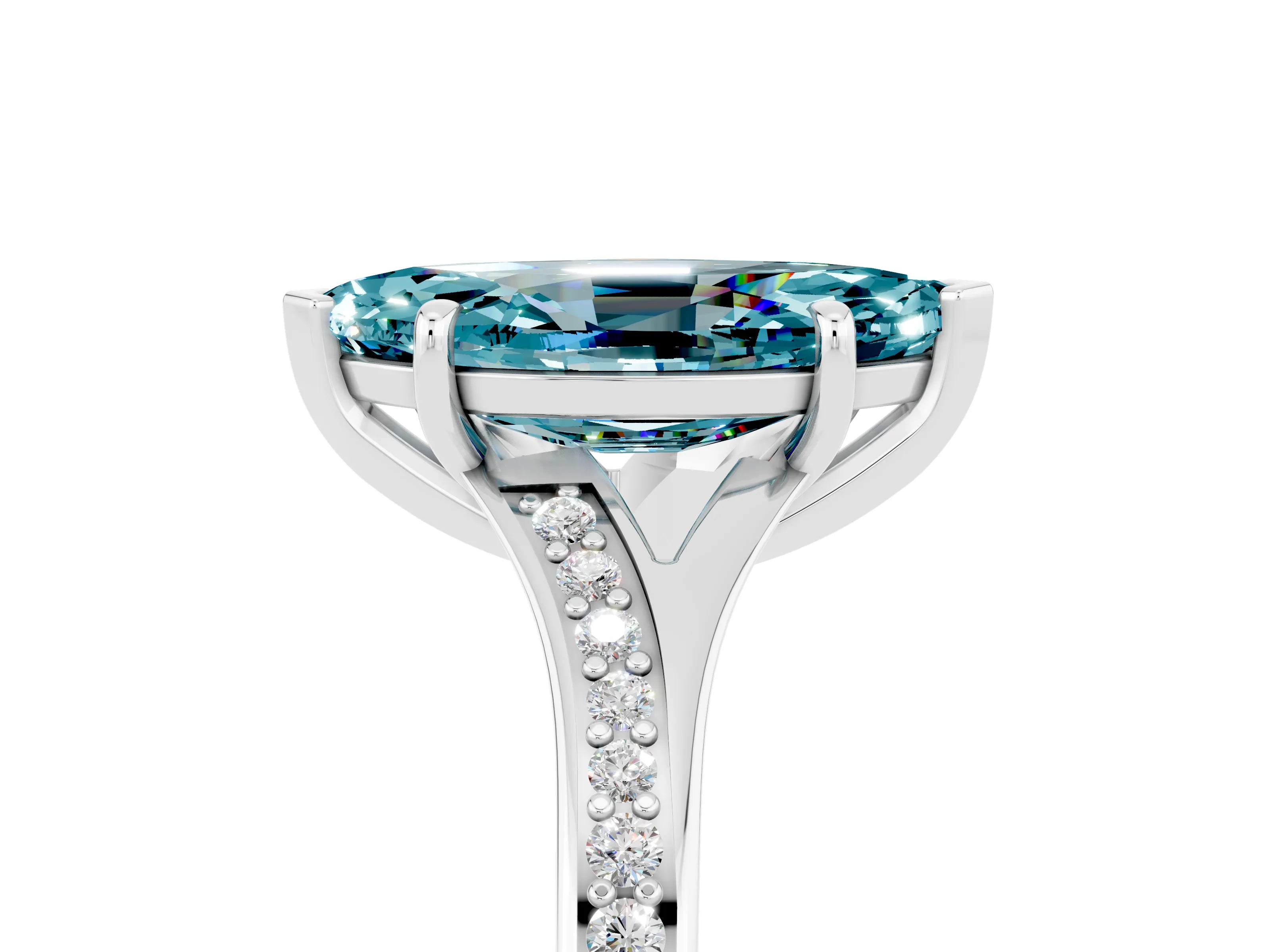 Platinum Marquise Cut Blue Topaz Solitaire Ring with Pavé Band and Prong Setting_17