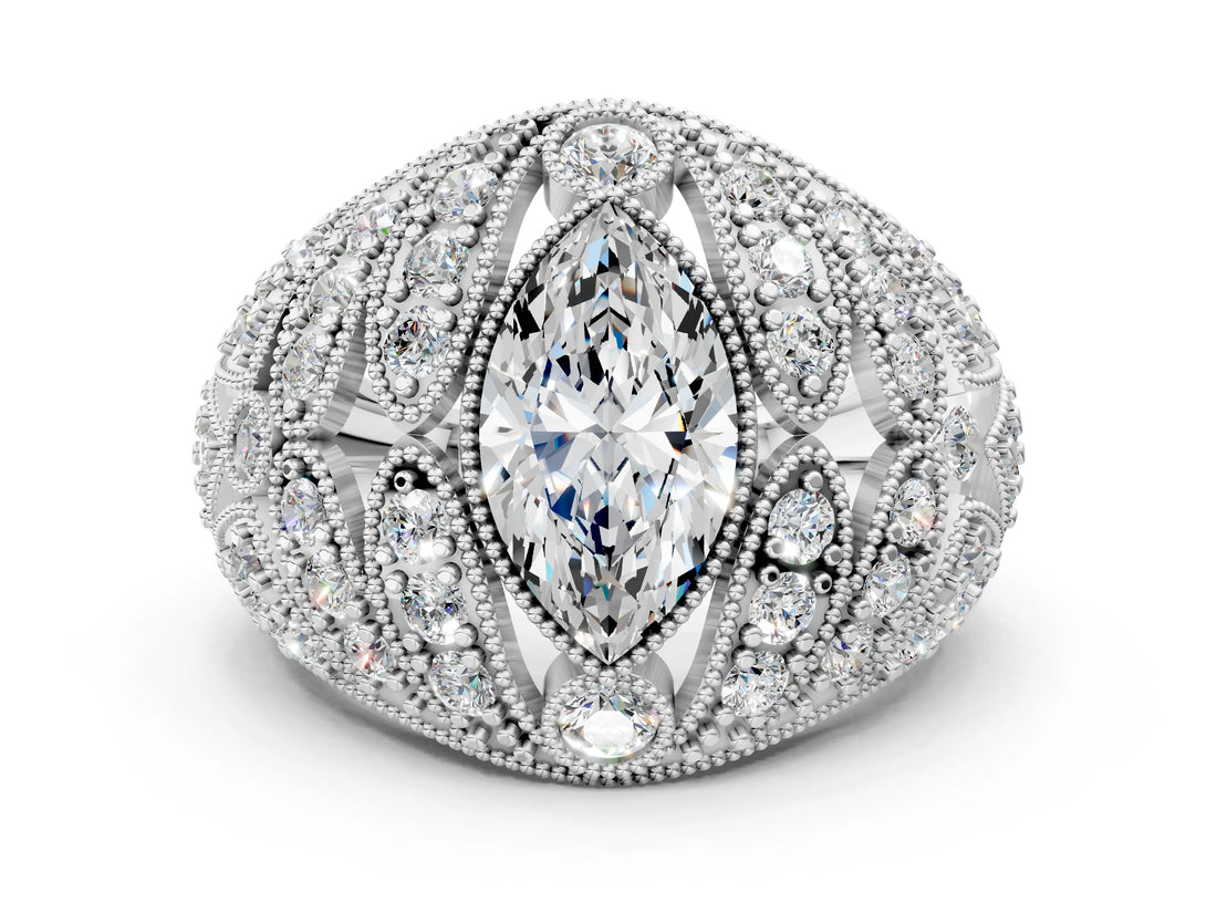 Platinum Marquise Cut Brilliant Halo Pave Diamond Milgrain Ring_13