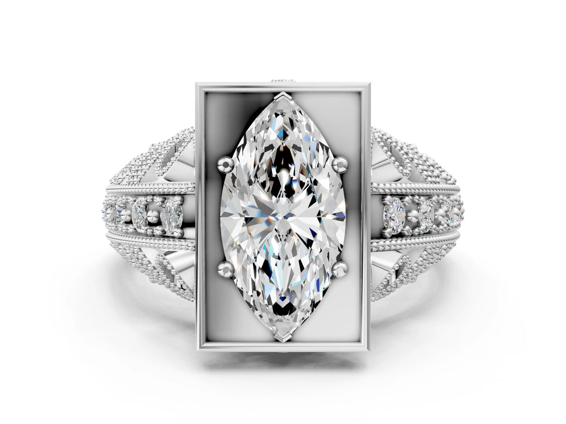 Platinum Marquise Cut Brilliant Milgrain Filigree Diamond Ring with Square Prong Setting_13