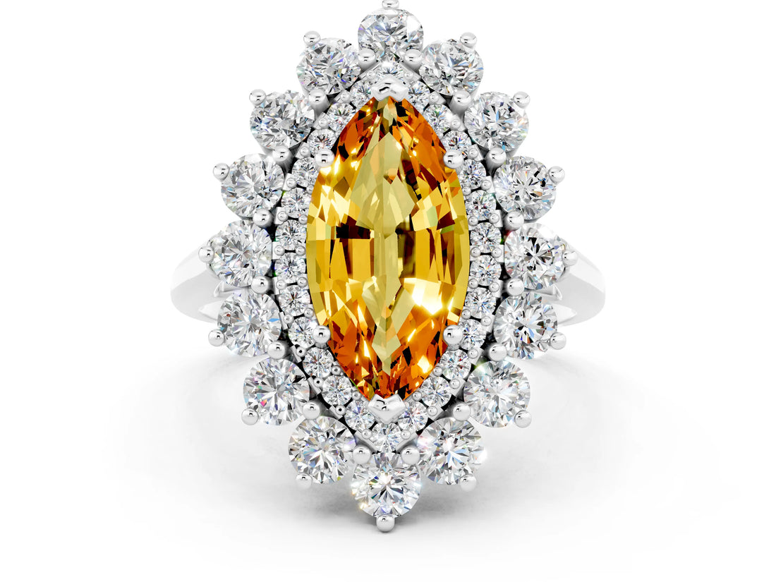 Platinum Marquise Cut Citrine Floral Double Halo Engagement Ring with Prong Setting_164
