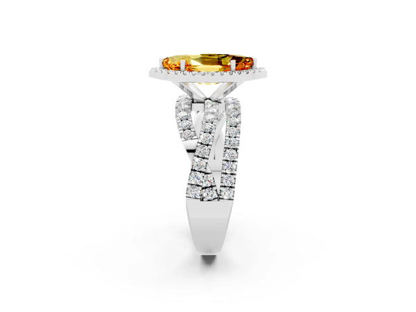 Platinum Marquise Cut Citrine Halo Ring with Round Split Shank and Prong Setting