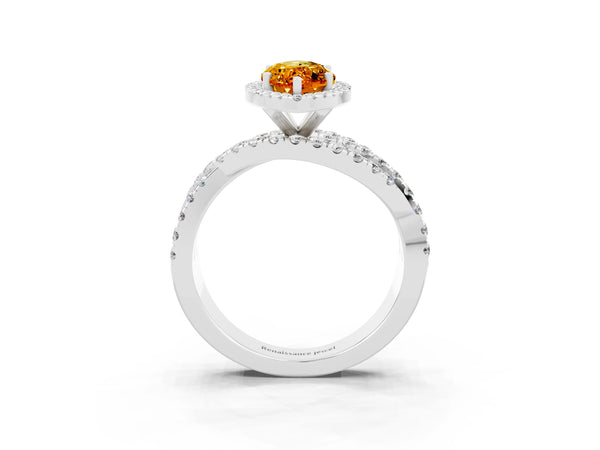 Platinum Marquise Cut Citrine Halo Ring with Round Split Shank and Prong Setting