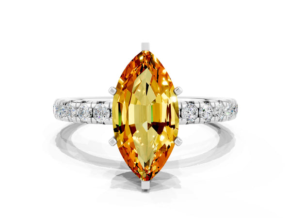 Platinum Marquise Cut Citrine Pavé Solitaire Ring with Round Band and Prong Setting