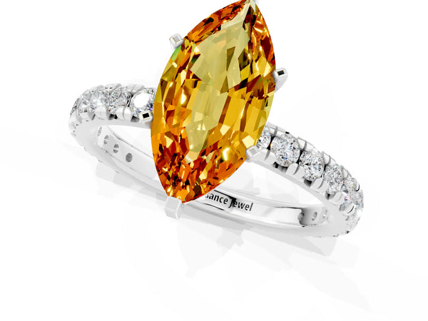Platinum Marquise Cut Citrine Pavé Solitaire Ring with Round Band and Prong Setting