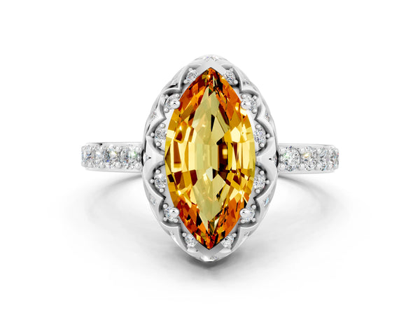 Platinum Marquise Cut Citrine Scalloped Halo Engagement Ring with Round Shared Prong Band