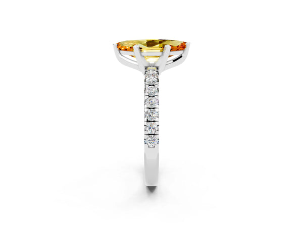Platinum Marquise Cut Citrine Solitaire Pavé Engagement Ring with Round Band and Prong Setting