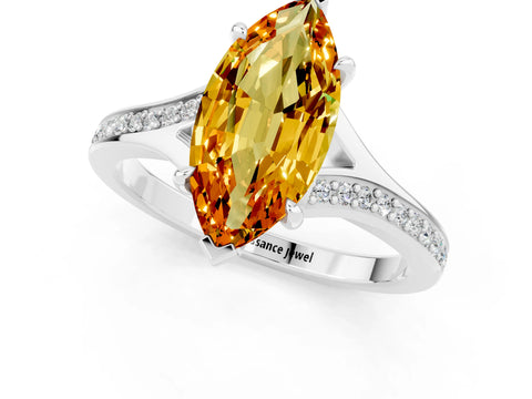 Platinum Marquise Cut Citrine Solitaire Ring with Pavé Band and Prong Setting_13