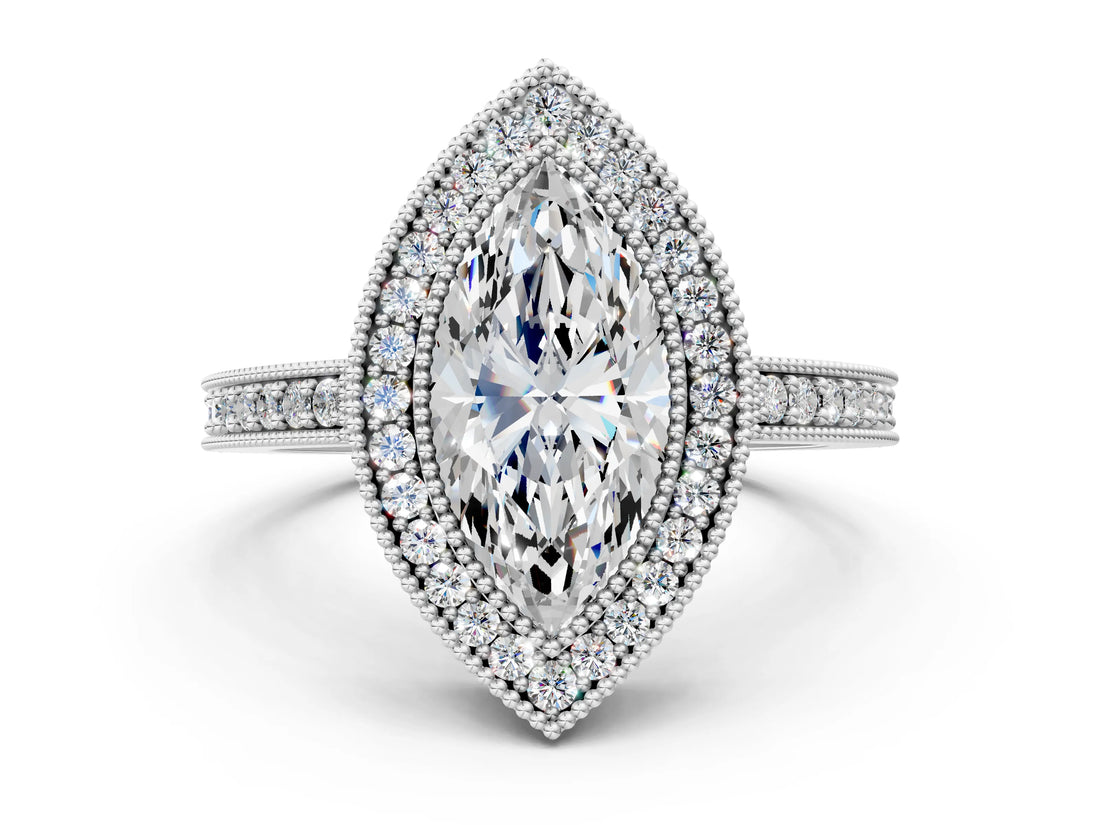 Platinum Marquise Cut-Cut Diamond Halo Engagement Ring with Pave Band and Prong Setting_13