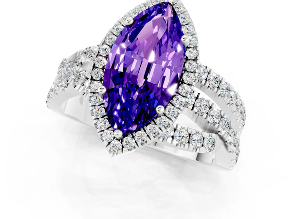Platinum Marquise Cut Tanzanite Halo Ring with Round Split Shank and Prong Setting