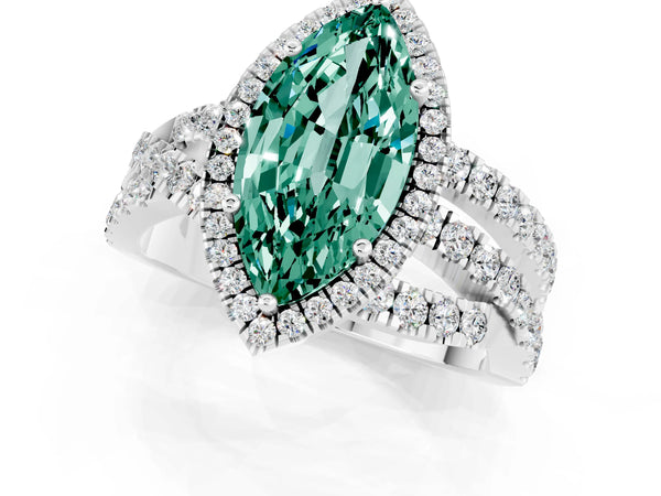 Platinum Marquise Cut Green Sapphire Halo Ring with Round Split Shank and Prong Setting
