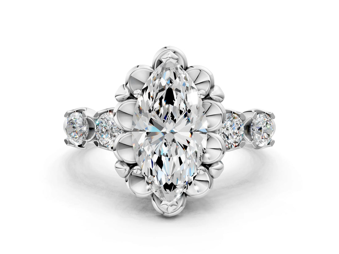 Platinum Marquise Cut Diamond Floral Halo Engagement Ring with Shared Prong Setting