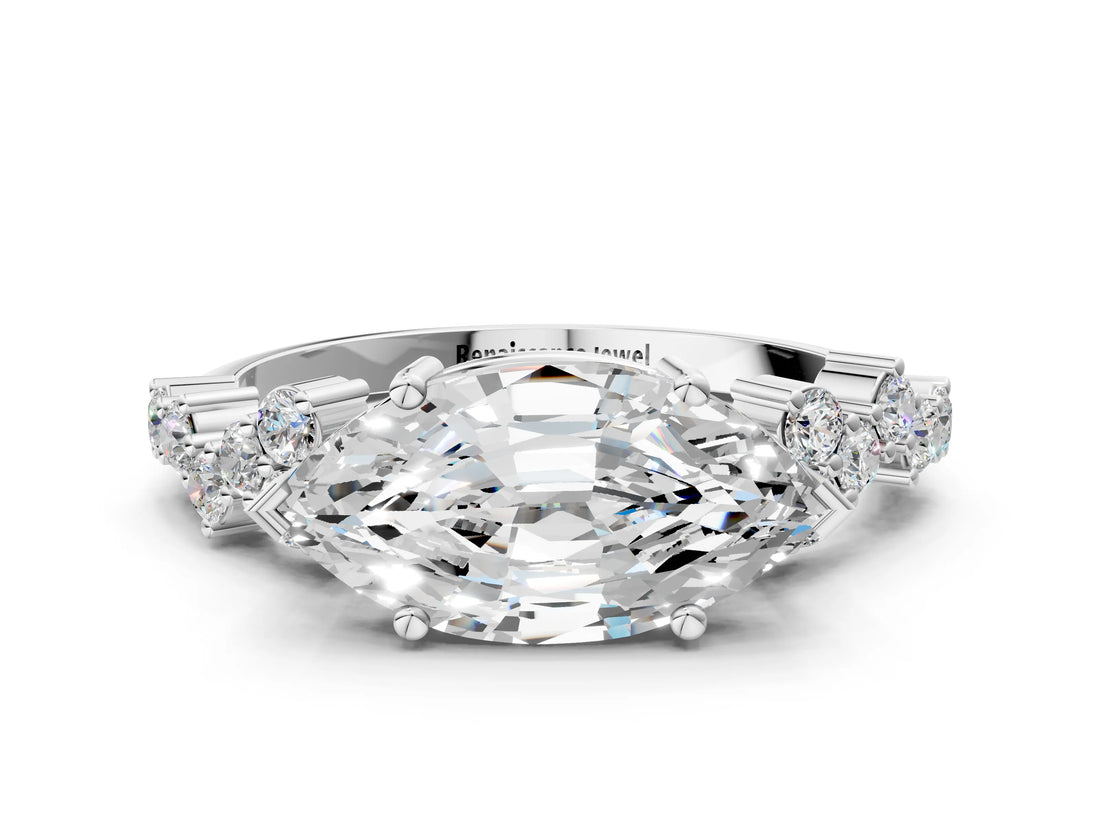 Platinum Marquise Cut Diamond Scattered Round Accent Ring with Prong Setting_6