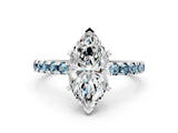 Platinum Marquise Cut Diamond Solitaire Ring with Round with Aquamarine side stone Pavé Band and Four-Prong Setting_12