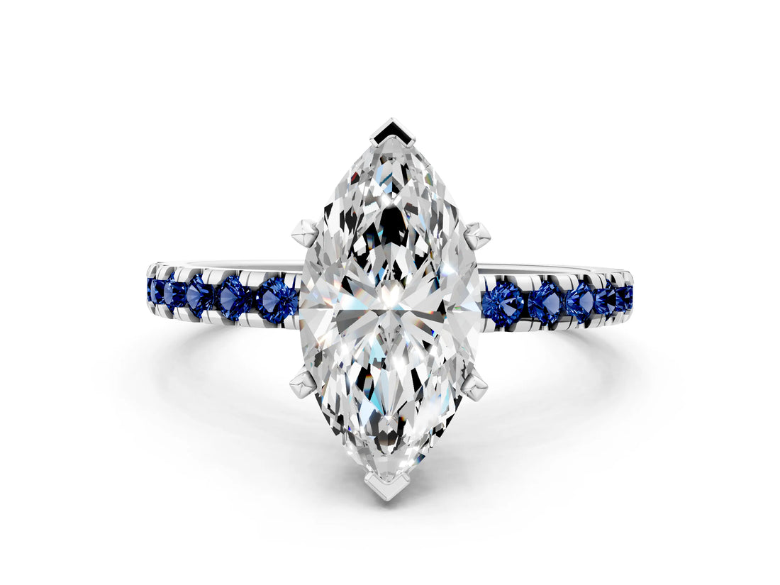 Platinum Marquise Cut Diamond Solitaire Ring with Round with Blue Sapphire side stone Pavé Band and Four-Prong Setting_12