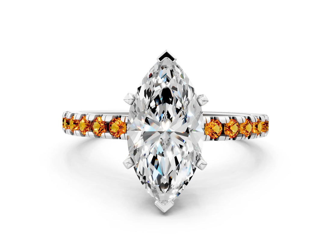 Platinum Marquise Cut Diamond Solitaire Ring with Round with Citrine side stone Pavé Band and Four-Prong Setting_12